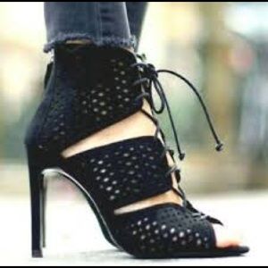ZARA - Black Suede Leather Lace Up Peep Toe Ankle Bootie Stiletto Heels Open Toe